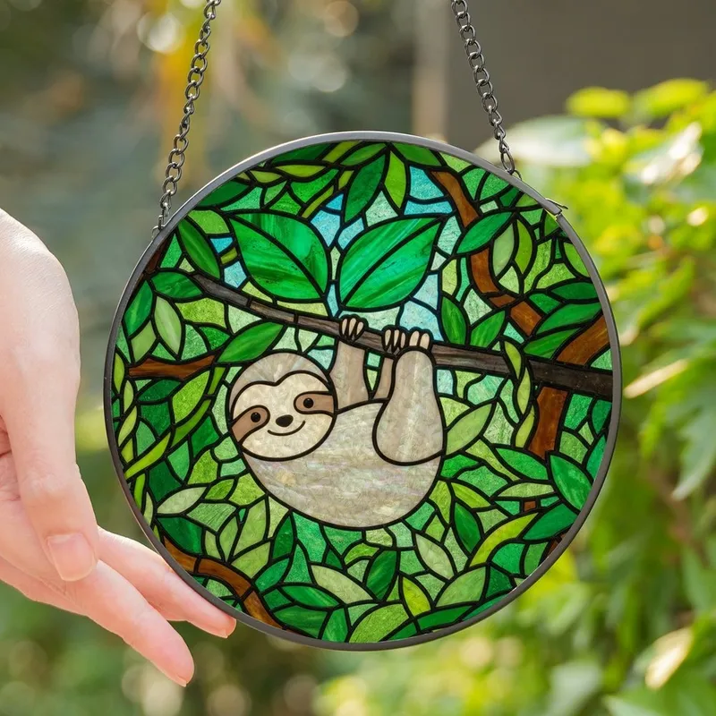 Sloth Lovers' Cute Iridescent Tiffany Stained Glass Jungle Mosaic Emerald Cerulean Stained Glass Suncatcher - 1