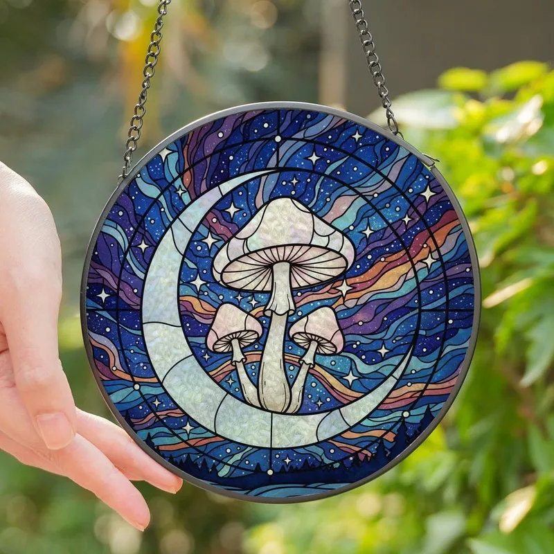 Art & Nature Lovers' Tiffany Stained Glass Iridescent Moon Mushroom Celestial Forest Mosaic Stained Glass Suncatcher - 0bZMYhEwO9