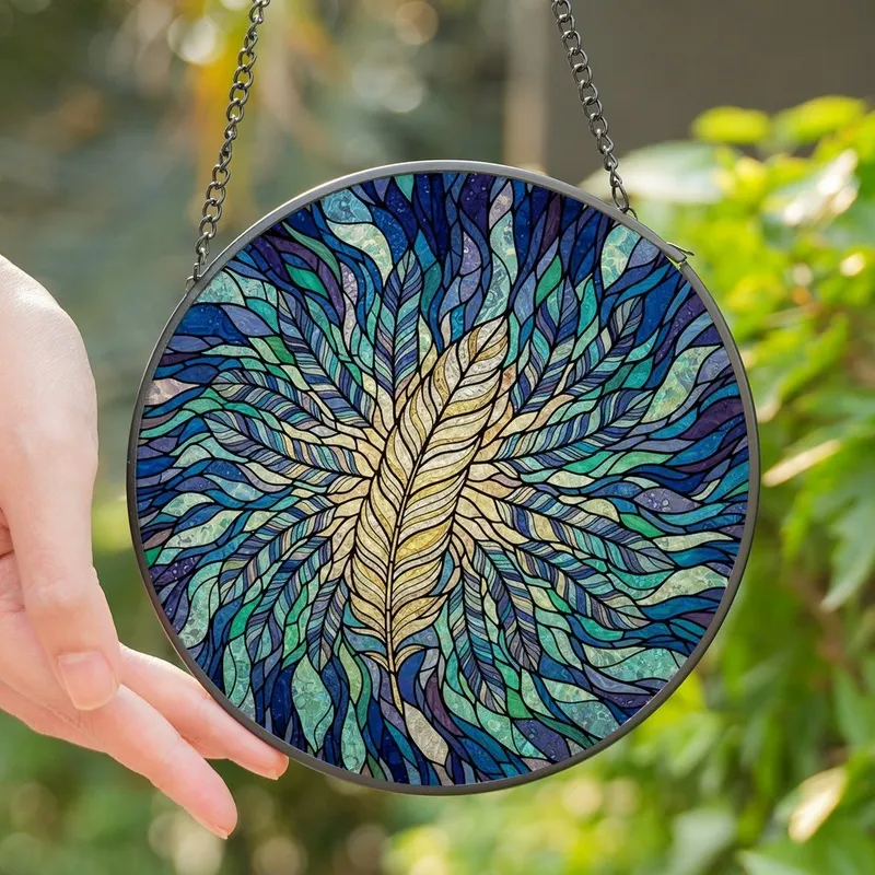 Dreamy Souls' Vibrant Yellow Stained Glass Feather Ethereal Tiffany Mosaic Art Stained Glass Suncatcher - rV-Frbia9R