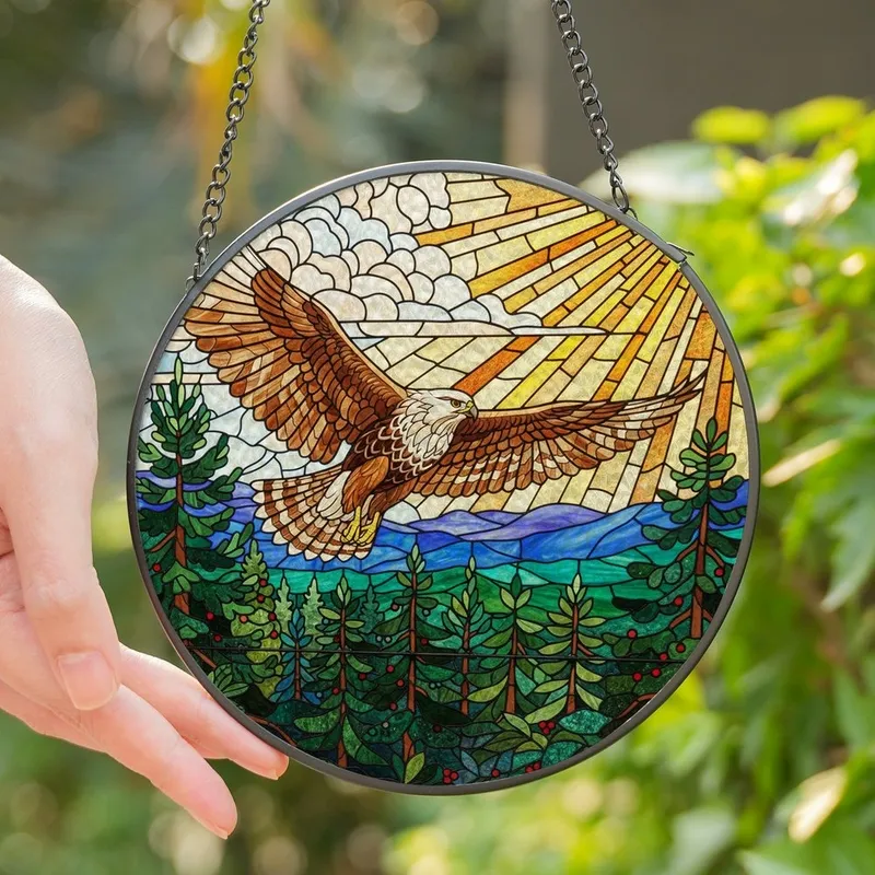 Nature Art Lovers' Tiffany Stained Glass Soaring Eagle Hawk Emerald Rust Jewel Tones Detailed Forest Mountain Sunburst Mosaic Stained Glass Suncatcher - 1