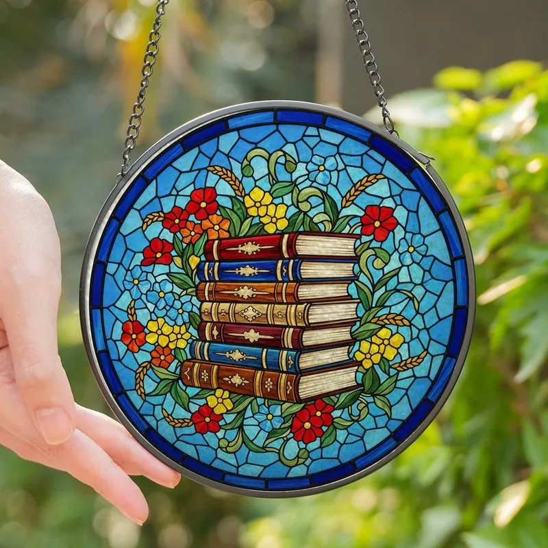 Book Lovers' Tiffany Stained Glass Antique Books Gold Red Blue Wildflower Geometric Mosaic Stained Glass Suncatcher - 56GnoNCE0z