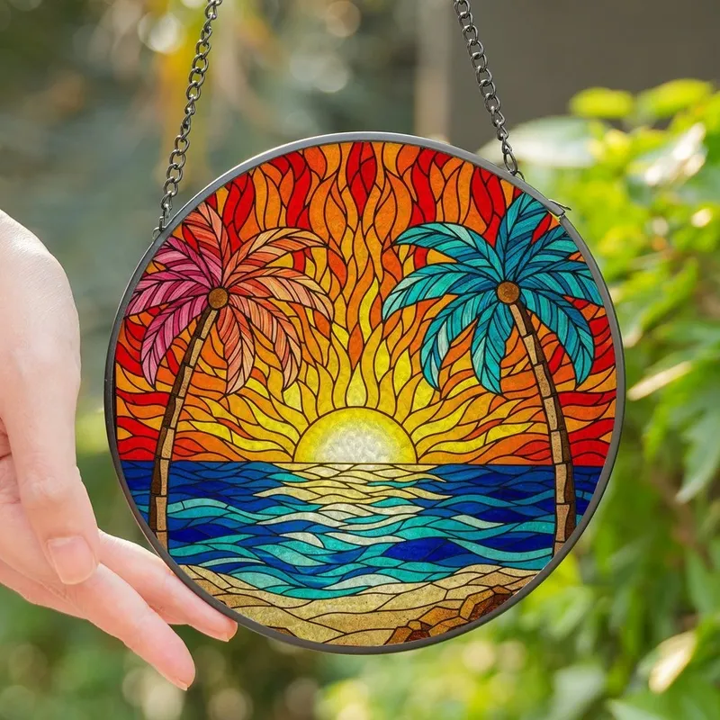 Tropical Art Lovers' Stained Glass Tropical Sunset Mosaic with Vibrant Yellow Sun, Fiery Orange Sky, Blue Ocean, Pink & Teal Palms Stained Glass Suncatcher - 1