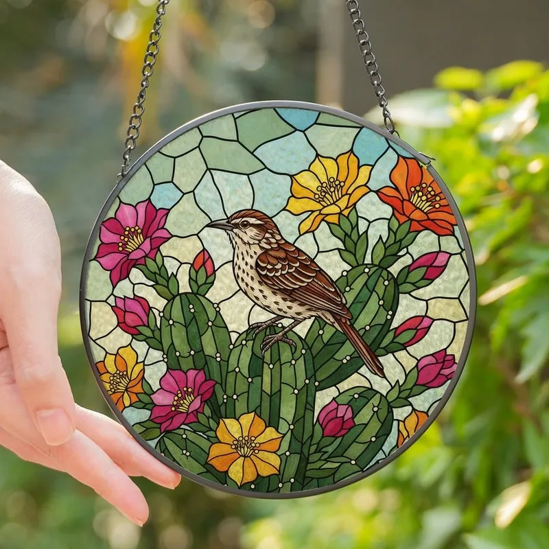 Southwestern Art Lovers' Vibrant Tiffany Stained Glass Cactus Wren Desert Flora Mosaic Stained Glass Suncatcher - S_Zp0VBEY4