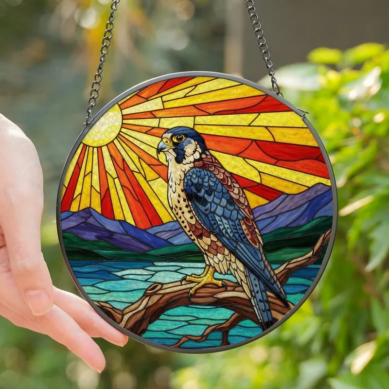 Nature Lovers' Majestic Peregrine Falcon Tiffany Glass Sunset Landscape Jewel Tones Stained Glass Suncatcher - rp9vtVBpoR