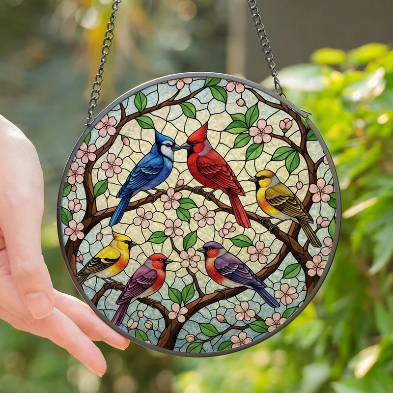 Nature Lovers' Detailed Stained Glass Songbirds Cherry Blossoms Jewel Tone Mosaic Stained Glass Suncatcher - tTG2ZDD7_7