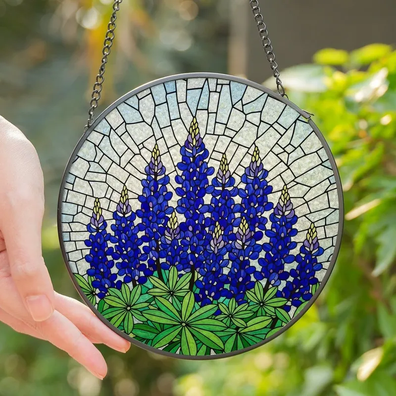 Nature Art Lovers' Tiffany Stained Glass Bluebonnet Floral Intricate Blue Purple Green Mosaic Stained Glass Suncatcher - O3BeeRLvv_