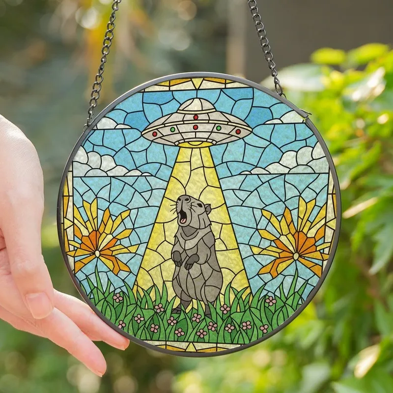 Whimsical Art Fans' Intricate Tiffany Style Stained Glass Capybara UFO Levitation Scene with Jewel Tones Stained Glass Suncatcher - 1
