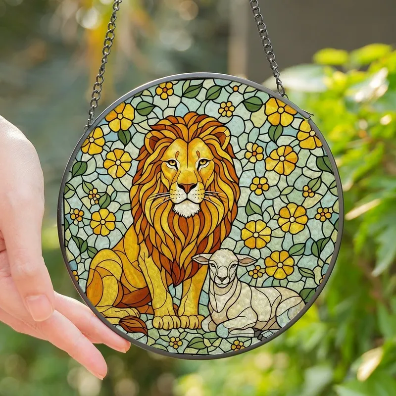 Art Lovers' Majestic Golden Lion Lamb Tiffany Stained Glass Jewel Tone Floral Mosaic Design Stained Glass Suncatcher - 1