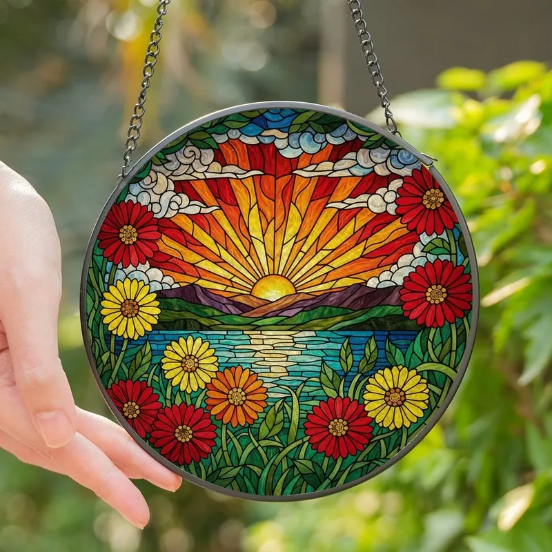 Art & Nature Lovers' Vibrant Tiffany Stained Glass Sunrise Mosaic, Dramatic Rays, Gerbera Daisies, Orange Yellow Blue Green Jewel Tones Stained Glass Suncatcher - 1