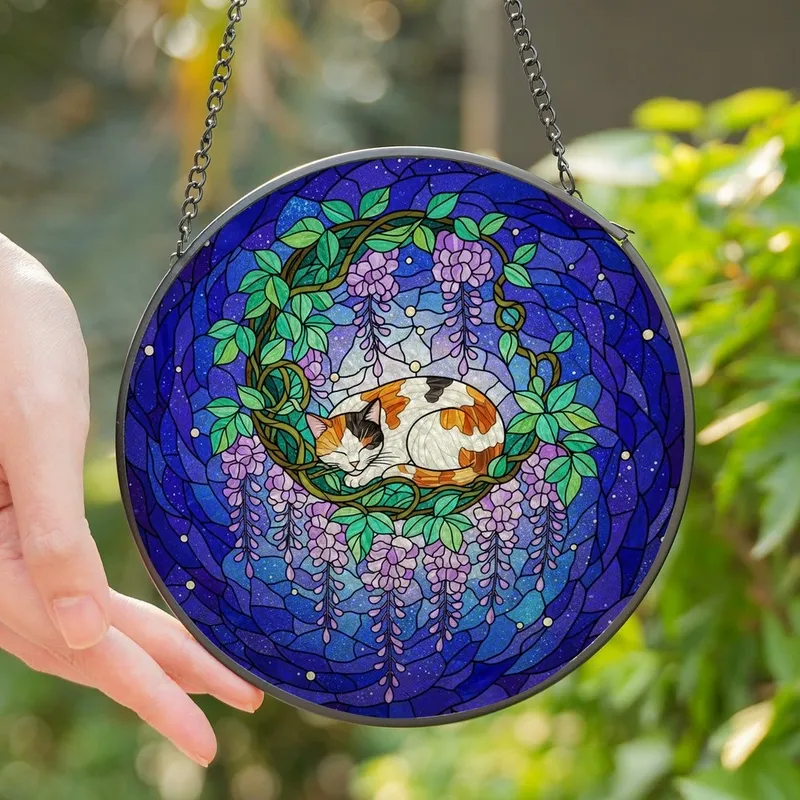 Cat Lovers' Tiffany Style Stained Glass Calico Cat Crescent Moon Cosmic Lavender Wisteria Pattern Stained Glass Suncatcher - 1