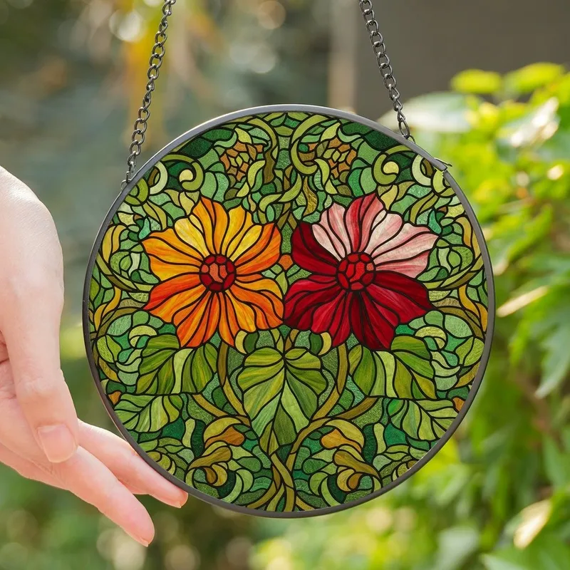 Art Lovers' High Contrast Stained Glass Floral Mosaic Glowing Orange, Red Blooms & Intricate Greenery Stained Glass Suncatcher - 1