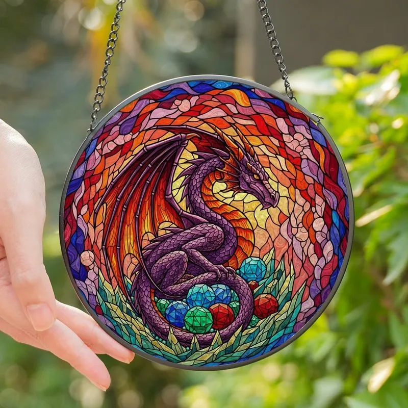 Fantasy Art Lovers' Tiffany Stained Glass Winged Dragon, Jewel Tone Purple Orange Blue Crystal Mosaic Stained Glass Suncatcher - 1