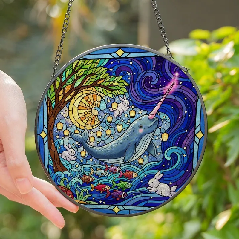 Fantasy Art Lovers' Vibrant Jewel Tone Intricate Stained Glass Narwhal Celestial Mosaic Stained Glass Suncatcher - 1
