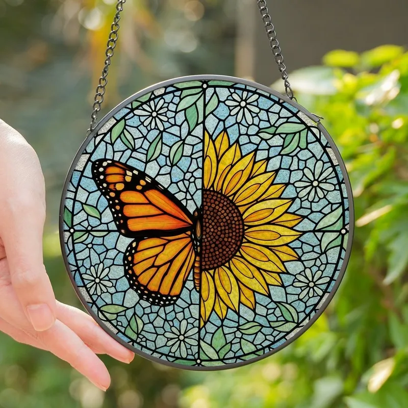 Nature Lovers' Tiffany Stained Glass Monarch Sunflower Wing Orange Gold Blue Green Mosaic Stained Glass Suncatcher - 1