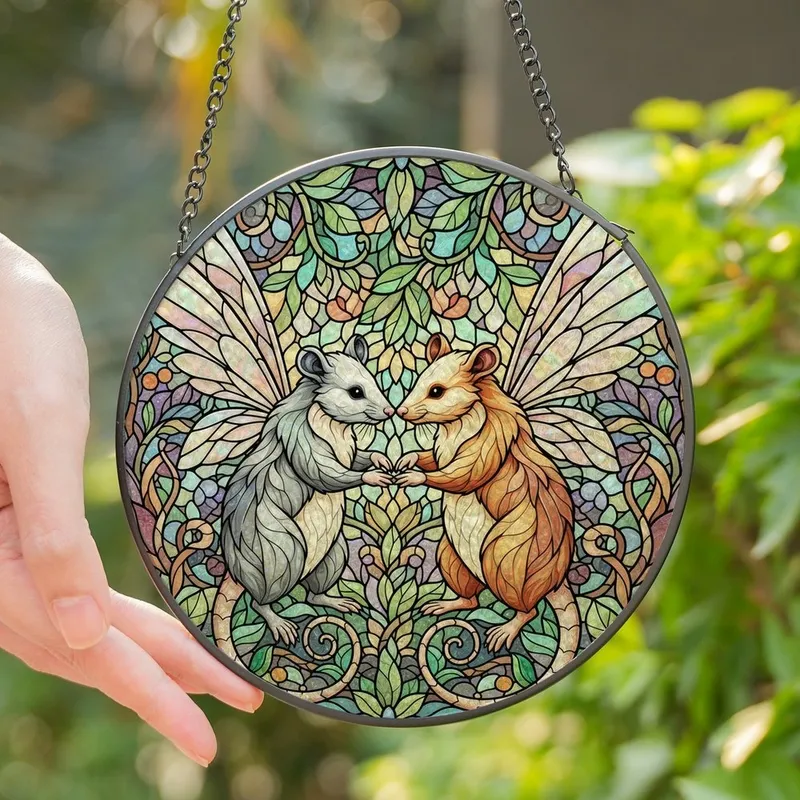 Fantasy Art Lovers' Intricate Tiffany Stained Glass Fairy Opossums Iridescent Amber-Grey Mosaic Stained Glass Suncatcher - 2FZromMP3H