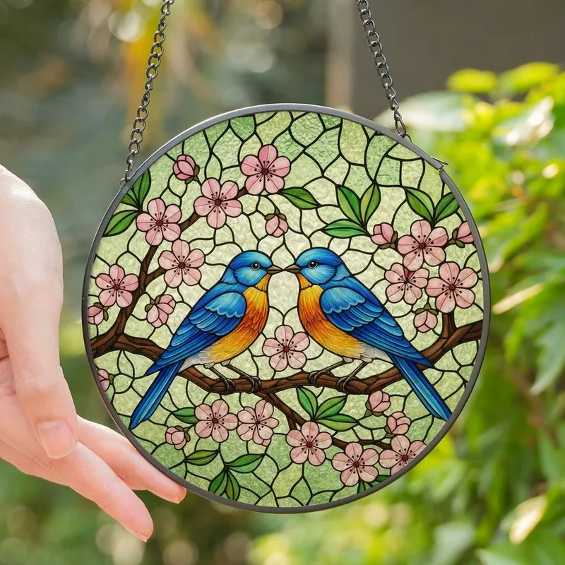 Art Lovers' Tiffany Style Stained Glass Bluebirds Cherry Blossoms Jewel Tone Mosaic Stained Glass Suncatcher - JaYugFEL5g