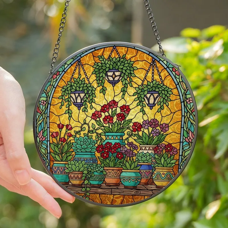 Botanical Art Enthusiasts' Tiffany Stained Glass Potted Plants & Trailing Vines Luminous Amber Jewel Tones Intricate Floral Border Stained Glass Suncatcher - 1
