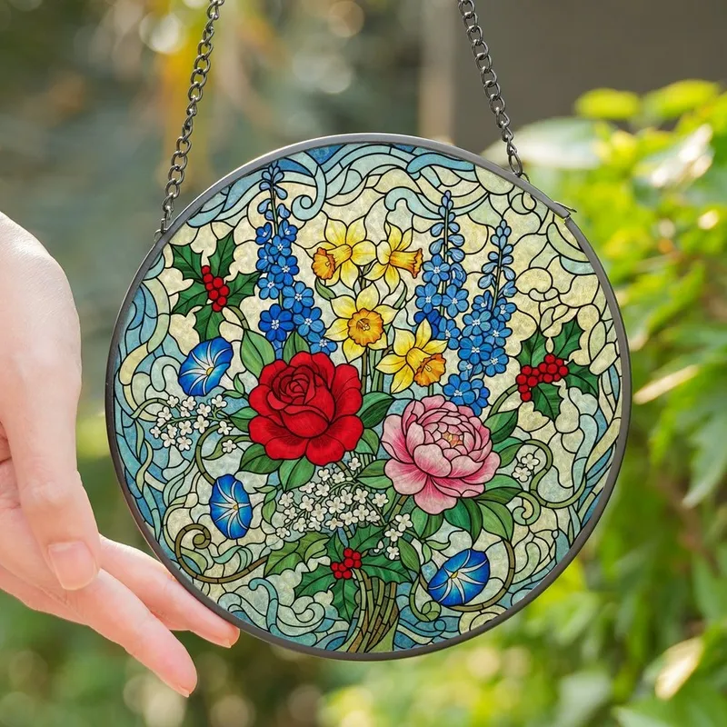 Nature Lovers' Intricate Tiffany Stained Glass Red Rose Blue Morning Glory Pink Peony Floral Art Stained Glass Suncatcher - 1