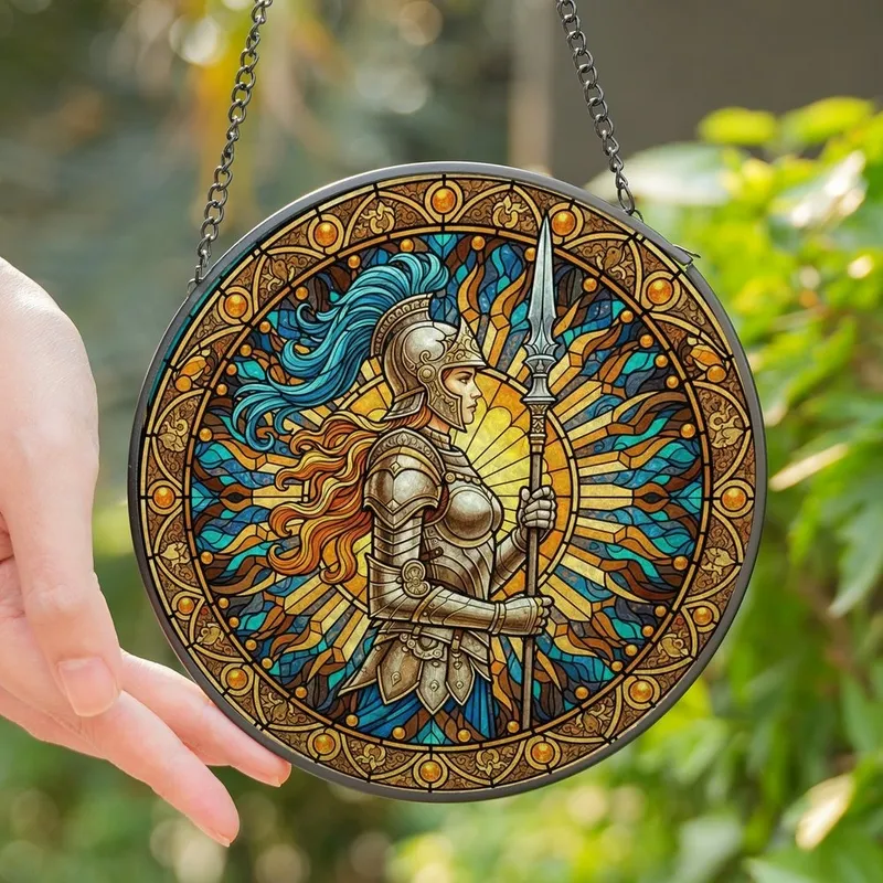 Fantasy Art Fans' Ornate Stained Glass Armored Female Warrior Sunburst Mosaic Gold Blue Orange Stained Glass Suncatcher - 1