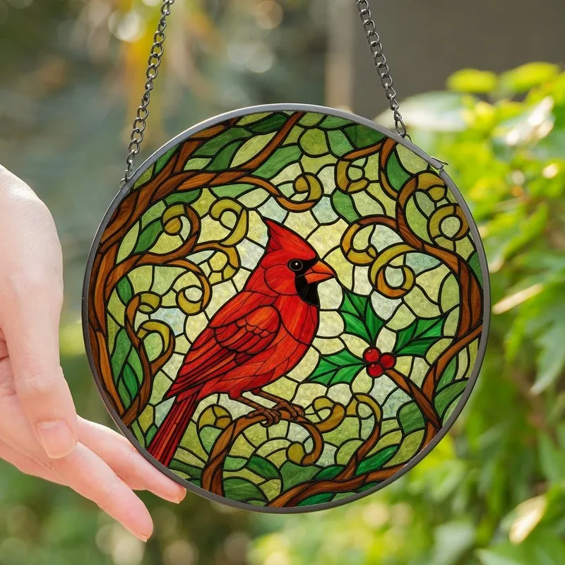 Nature Lovers' Intricate Ruby Red Cardinal Stained Glass Tiffany Style Forest Mosaic Pattern Stained Glass Suncatcher - 1