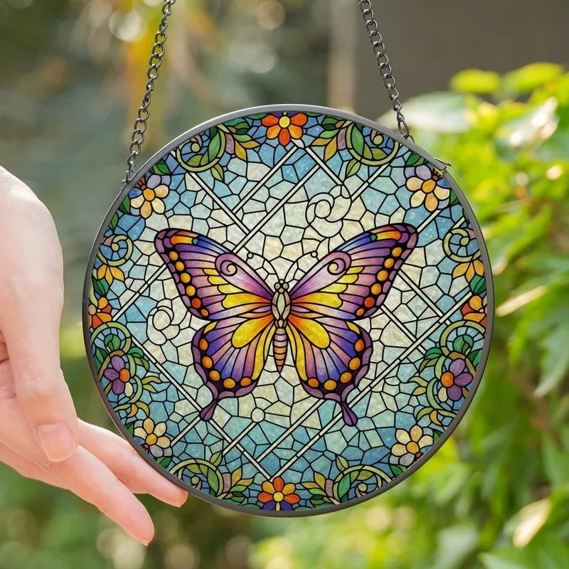 Nature Lovers' Intricate Stained Glass Butterfly Floral Mosaic Violet Yellow Orange Blue Green Stained Glass Suncatcher - 1