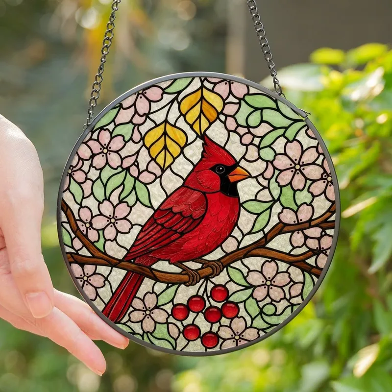 Nature Lovers' Vibrant Tiffany Stained Glass Ruby Red Cardinal Springtime Bloom Mosaic Stained Glass Suncatcher - 1
