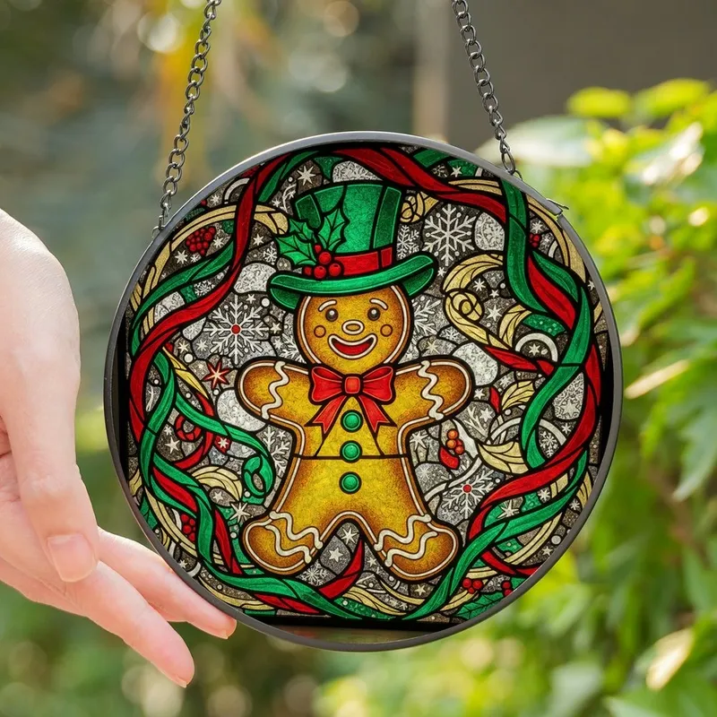 Holiday Art Lovers' Cheerful Gingerbread Man Tiffany Stained Glass Mosaic Jewel Tones Stained Glass Suncatcher - tpvM-eOtu2