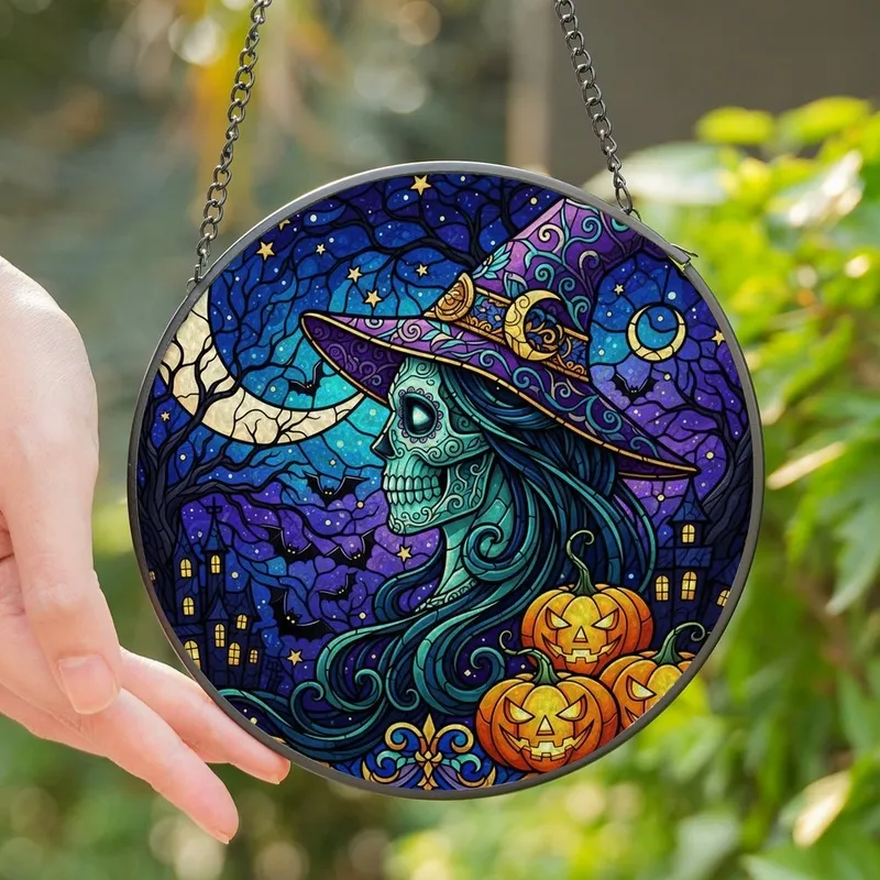 Gothic Art Lovers' Tiffany Style Stained Glass Witch Sugar Skull Profile Moon Haunted House Teal Orange Art Stained Glass Suncatcher - 1