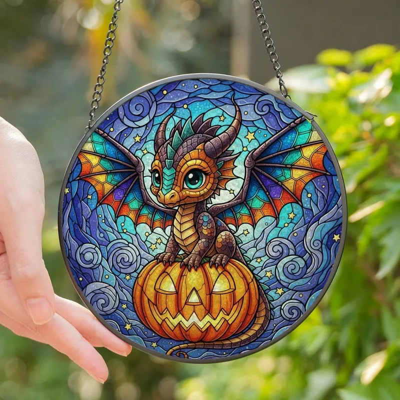 Fantasy & Halloween Lovers' Stained Glass Chibi Dragon, Jack-O'-Lantern, Mystical Jewel Tones Stained Glass Suncatcher - 1