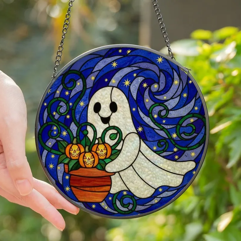 Halloween Art Lovers' Tiffany Stained Glass Whimsical Iridescent Ghost Glowing Jack-o'-lantern Motif Stained Glass Suncatcher - 1