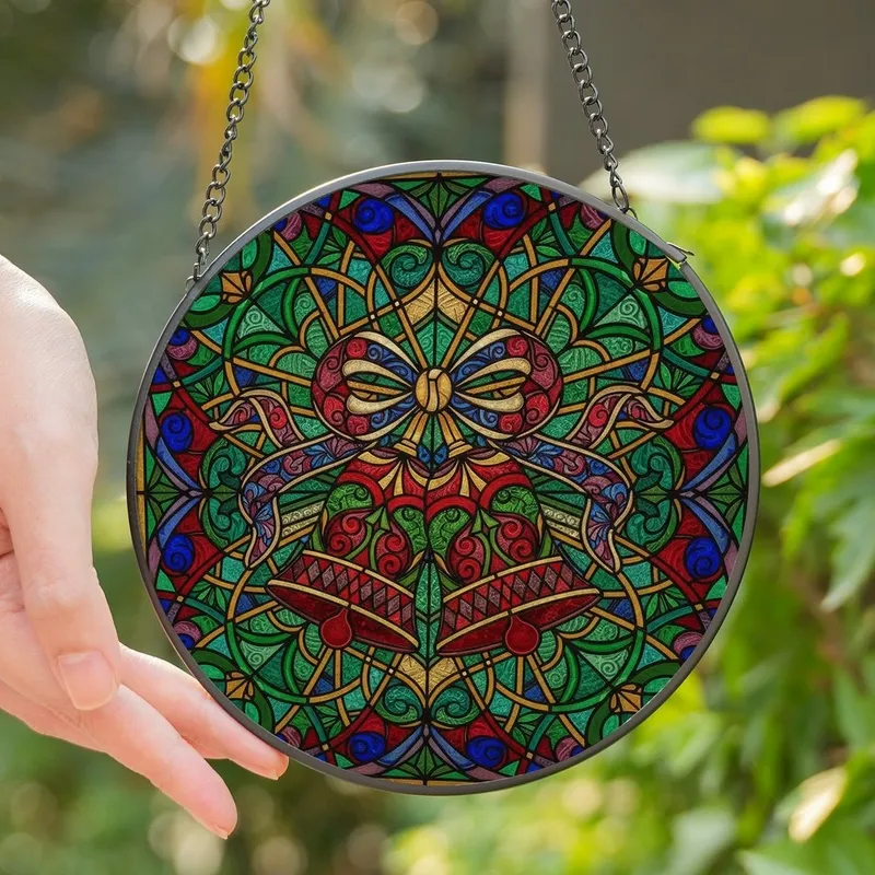 Holiday Enthusiasts' Ornate Tiffany Style Stained Glass Bells Emerald Ruby Gold Mosaic Pattern Stained Glass Suncatcher - 1