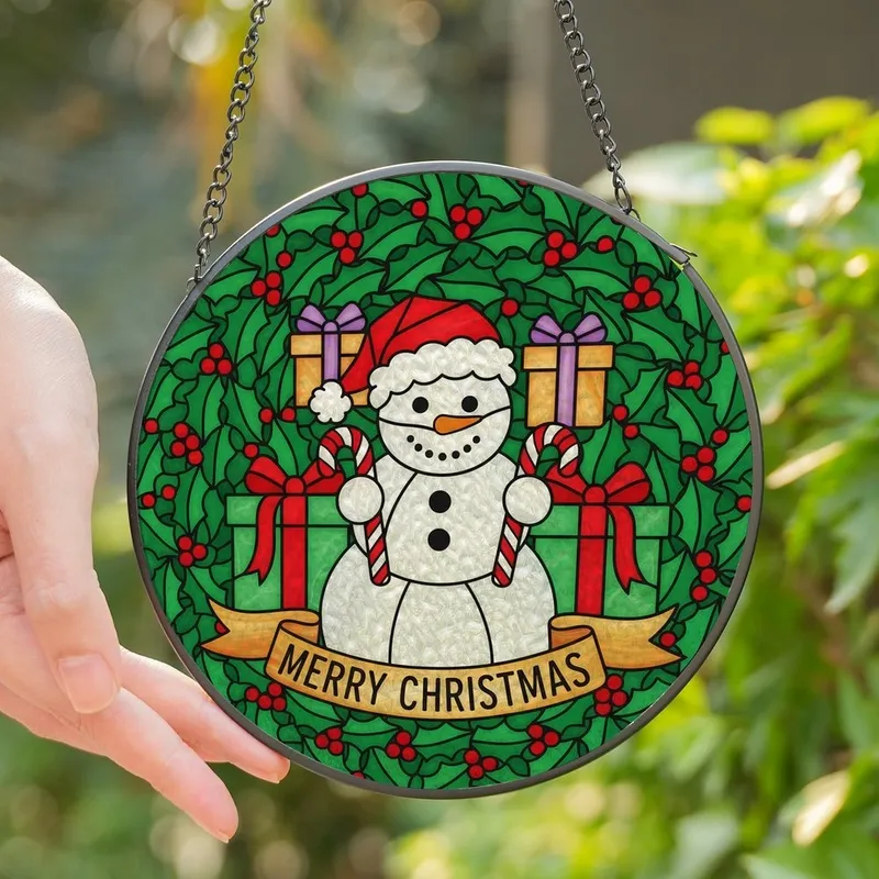 Holiday Enthusiasts' Glowing Stained Glass Snowman Merry Christmas Holly Candy Cane Design Stained Glass Suncatcher - 1