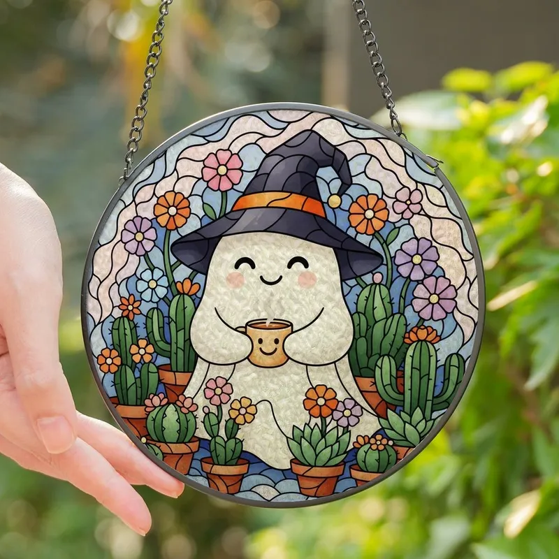 Cozy Whimsy Enthusiasts' Intricate Stained Glass Ghost with Witch Hat, Steaming Mug, Cactus, Flowers & Indigo Jewel Tones Stained Glass Suncatcher - 1