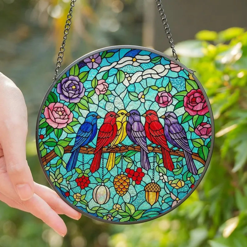 Nature & Art Lovers' Edge-to-Edge Tiffany Stained Glass Birds, Vibrant Floral Sky Mosaic Stained Glass Suncatcher - 3v___qaqeJ
