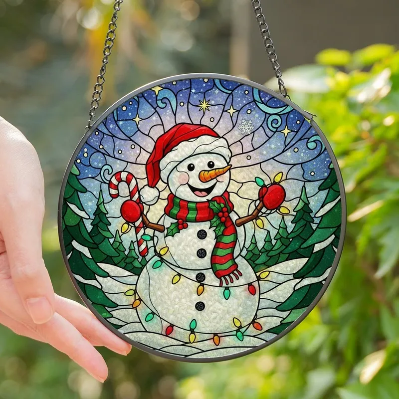 Christmas Enthusiasts' Intricate Stained Glass Snowman Winter Forest Mosaic with Holly, Lights, and Jewel Tones Stained Glass Suncatcher - pZr-bqV5p-