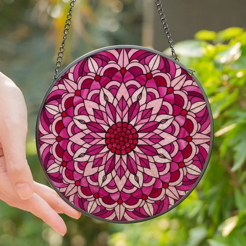 Art Lovers' Intricate Stained Glass Floral Mandala Ruby Pink Starburst Stained Glass Suncatcher - 1