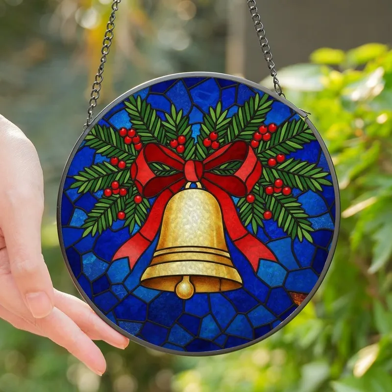 Holiday Celebrators' Intricate Tiffany Style Golden Christmas Bell Red Bow Blue Mosaic Jewel Tone Stained Glass Suncatcher - S-K0_VcKkq