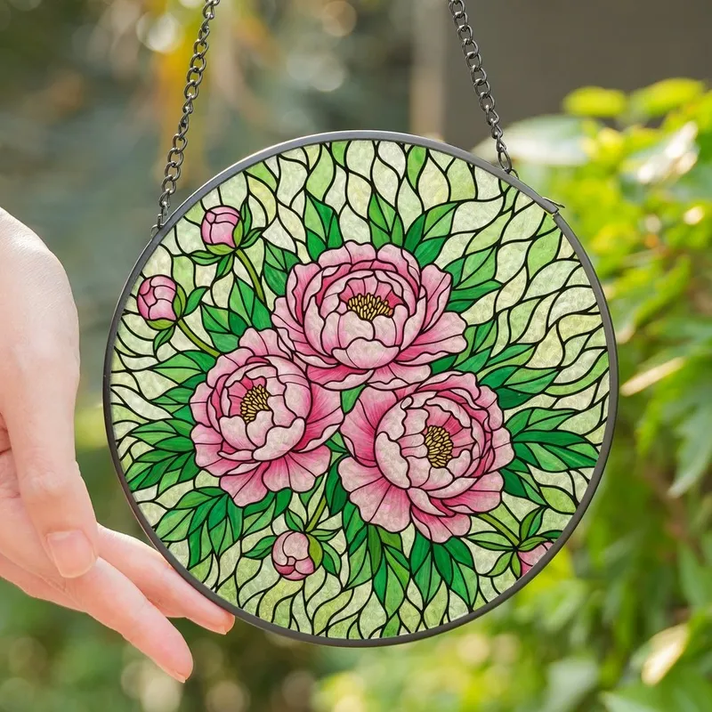 Women's Elegant Tiffany Stained Glass Pink Peony Emerald Green White Botanical Mosaic Art Stained Glass Suncatcher - 1