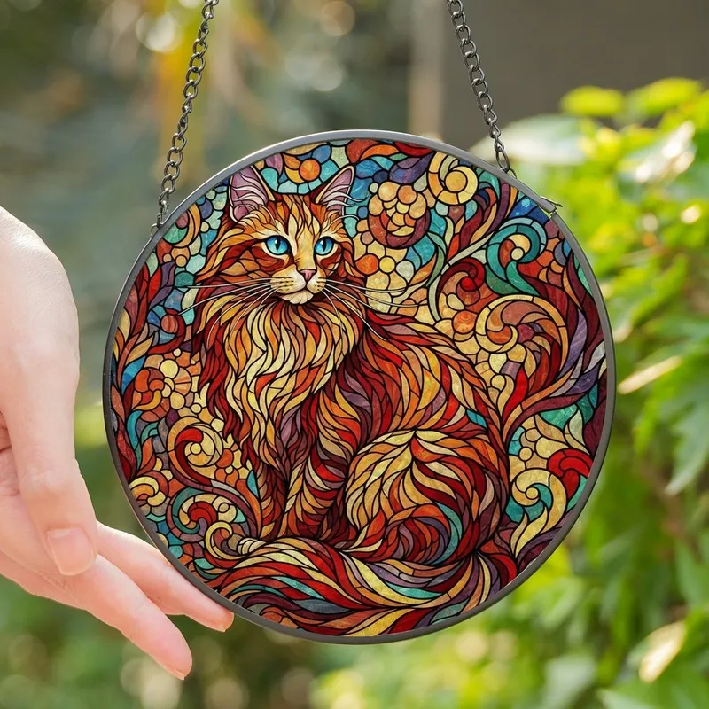 Cat Lovers' Intricate Tiffany Stained Glass Fluffy Cat Jewel Tone Mosaic Art Stained Glass Suncatcher - Rd4fhXA2dc