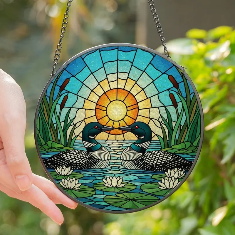 Nature Lovers' Tiffany Stained Glass Loons Marsh Mosaic Radiant Sun Teal Blue Orange Stained Glass Suncatcher - 1