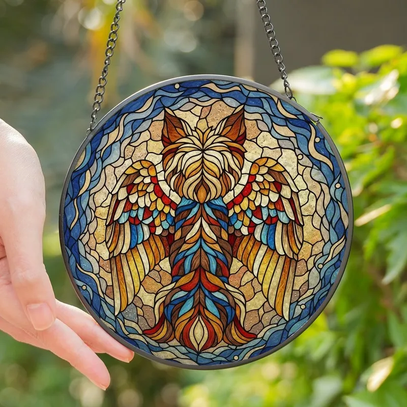 Pet Lovers' Tiffany Style Stained Glass Yorkie Angel with Amber Gold Blue Cloud Star Mosaic Pattern Stained Glass Suncatcher - 1