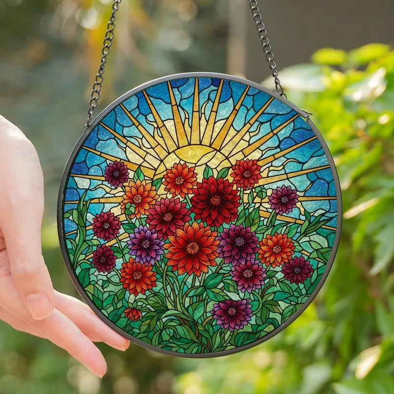 Art & Nature Lovers' Edge-to-Edge Opulent Stained Glass Dahlia Bloom Mosaic Vibrant Jewel Tones Stained Glass Suncatcher - 1