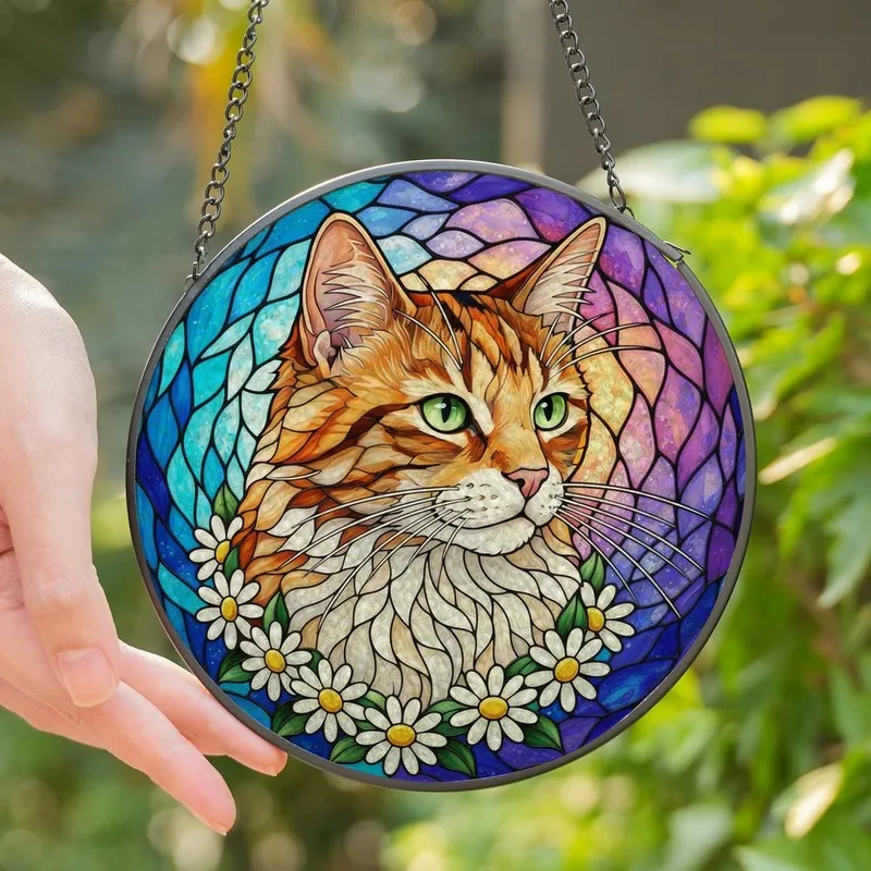 Cat Lovers' Vibrant Tiffany Stained Glass Calico Tabby Cat Emerald Eyes Daisy Wreath Luminous Sky Mosaic Stained Glass Suncatcher - HaOVnOPMI5