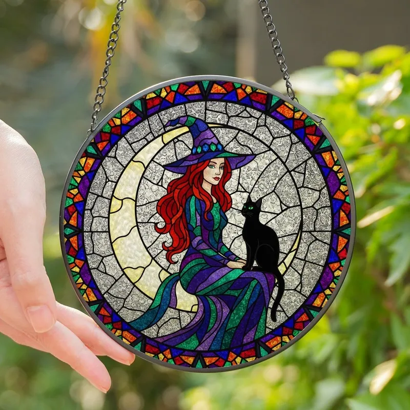 Fantasy Art Lovers' Intricate Stained Glass Witch Moon Black Cat Mosaic Jewel Tone Edge-to-Edge Design Stained Glass Suncatcher - 1