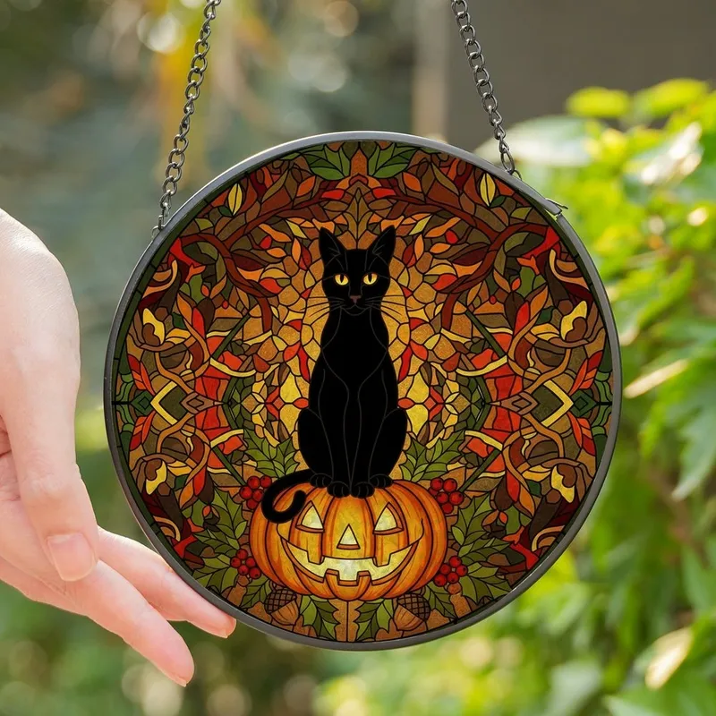 Autumn & Halloween Lovers' Vibrant Edge-to-Edge Stained Glass Black Cat Jack-o'-Lantern Mosaic Stained Glass Suncatcher - 1