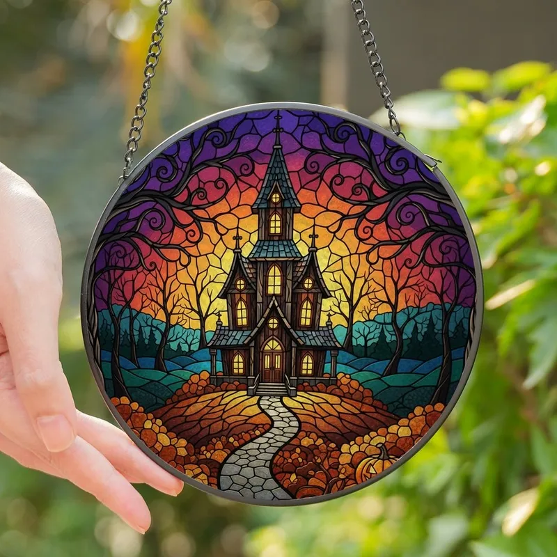 Gothic Art Lovers' Intricate Tiffany-Style Stained Glass Haunted House Autumn Twilight Mosaic Orange Purple Blue Jewel Tones Stained Glass Suncatcher - 1