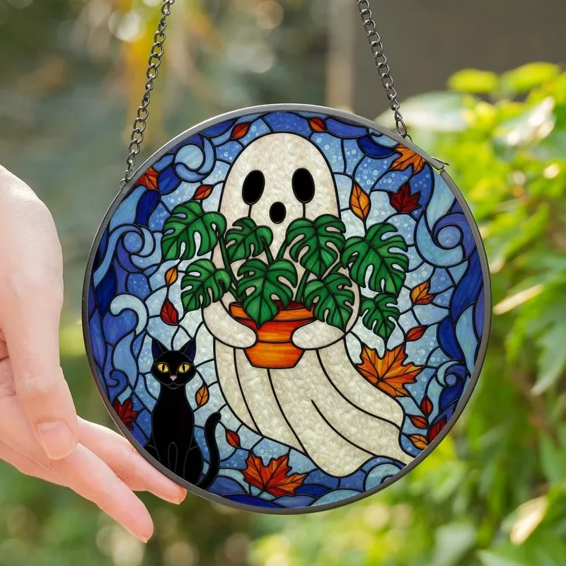 Fantasy Art Lovers' Vibrant Tiffany Style Stained Glass Ghost Monstera Black Cat Fall Foliage Stained Glass Suncatcher - 1