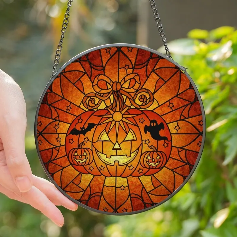 Halloween Enthusiasts' Glowing Stained Glass Pumpkin Spooky Silhouette Mosaic Art Stained Glass Suncatcher - 1
