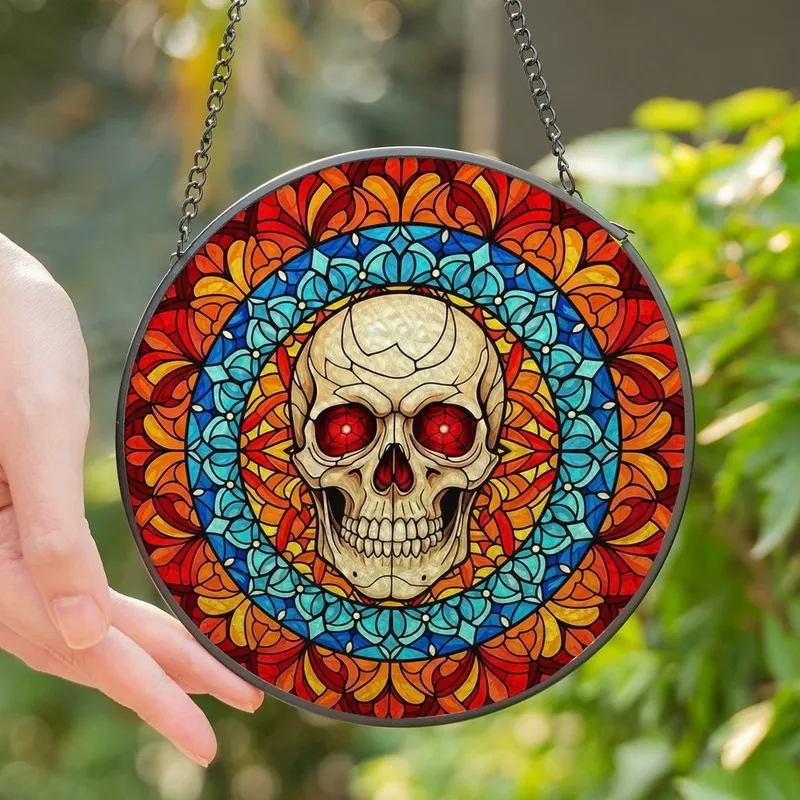 Bold Art Enthusiasts' Intricate Stained Glass Skull, Fiery Jewel Tone Mosaic & Teal Geometric Patterns Stained Glass Suncatcher - 1