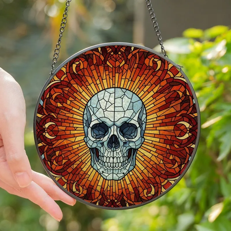 Art Lovers' Intricate Stained Glass Skull Art Pattern with Fractured Jewel Tones & Bold Lead Lines Stained Glass Suncatcher - 1